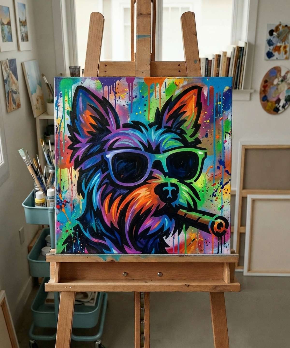 Stencil Rebellieuze Yorkshire Hond sjabloonresultaat geschilderd in kleurrijke street art met spuitverf en penseelwerk-stijl in atelier