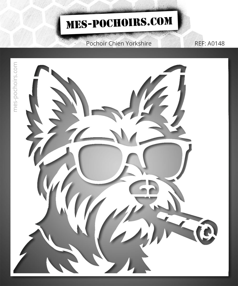 Stencil van een Yorkshire hond met bril en sigaar om een leuke en eigenzinnige decoratie te maken