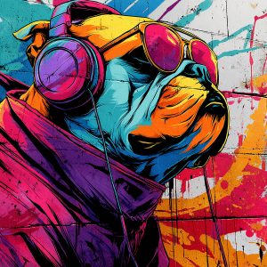 Illustration colorée d'un bulldog avec casque audio et lunettes