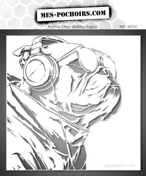 Pochoir représentant un bulldog anglais avec casque audio et lunettes