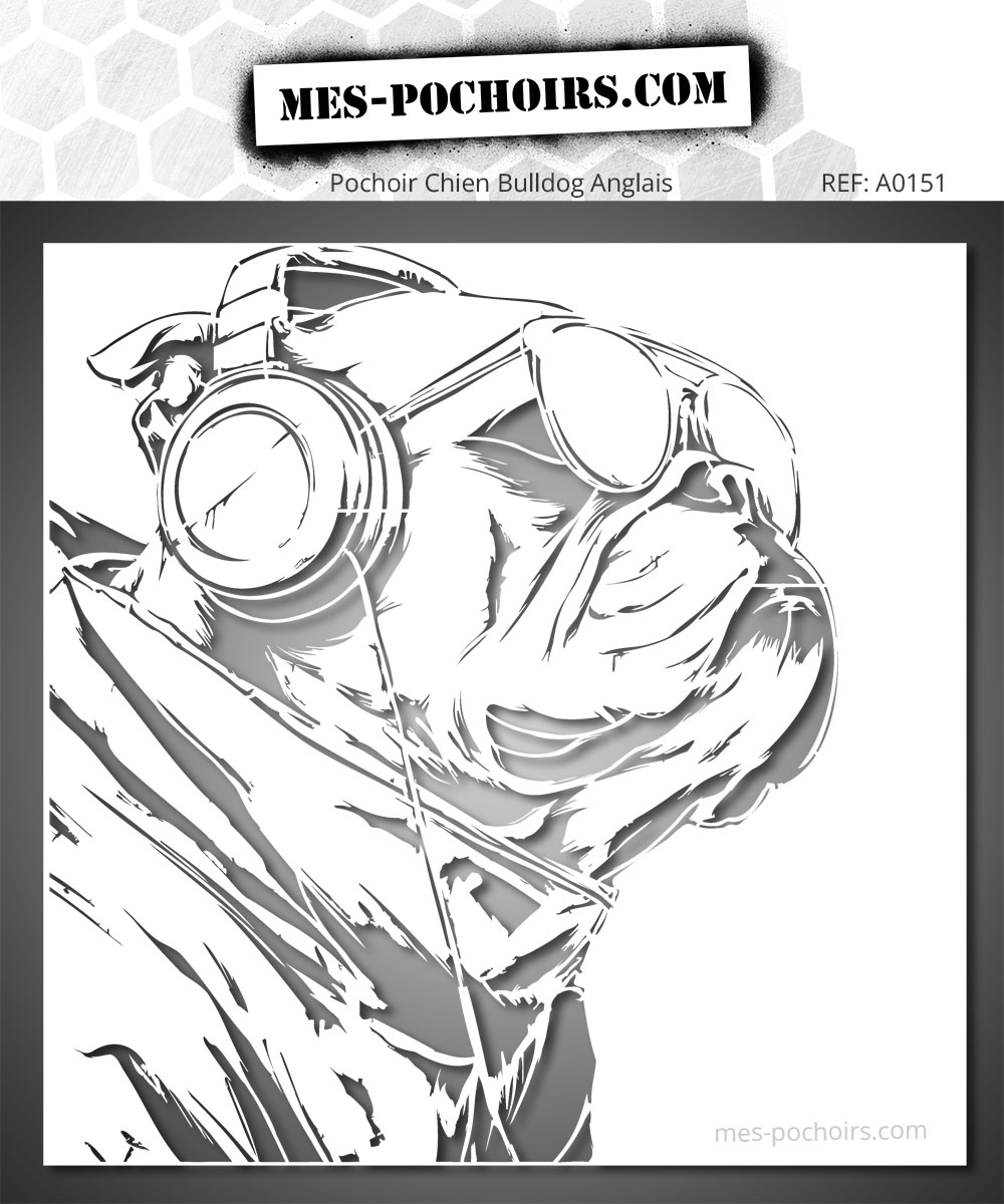 Stencil che rappresenta un bulldog inglese con cuffie e occhiali
