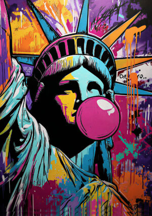 Obra colorida de la estatua de la Libertad con una burbuja de chicle