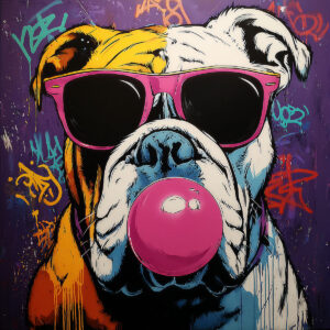 Painting inspired by a stencil of a dog with sunglasses and a bubble gum bubble - Cool and intriguing.