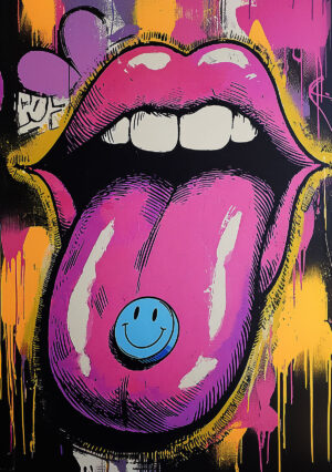 Artistic work featuring a colorful tongue and a smiley