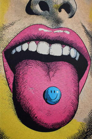 Image inspired by a mouth with a smiley tongue, pop art style
