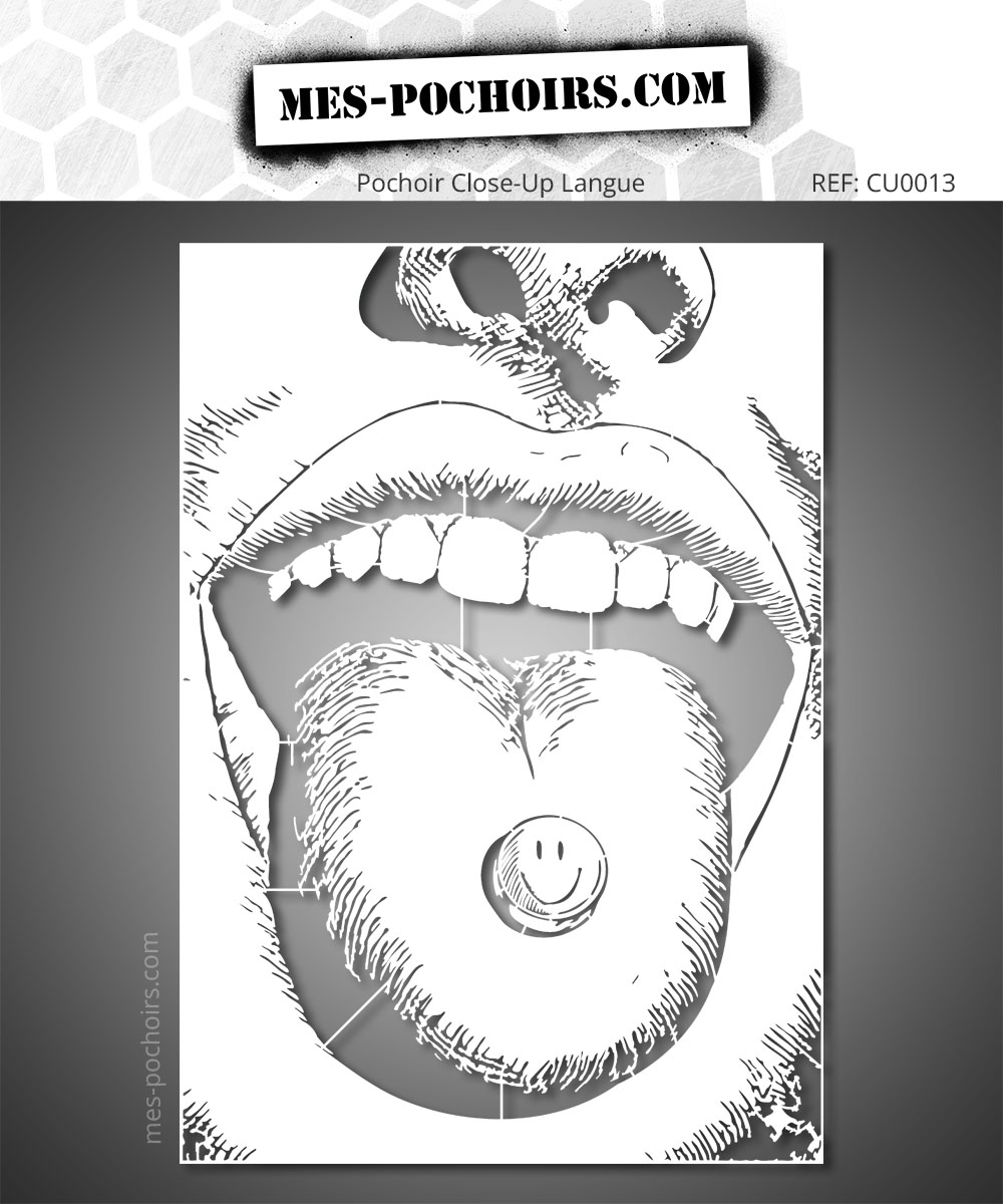 Stencil of a mouth with tongue and smiley face