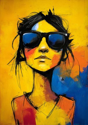 Gemälde inspiriert von der Schablone Ikonisches Ausdrucksstarkes Porträt auf buntem Hintergrund.