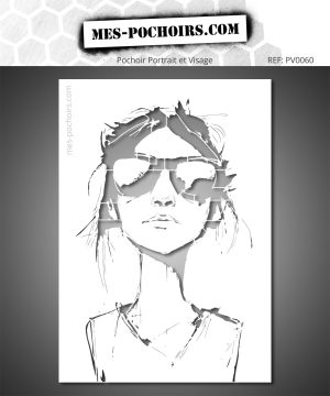 Schablone Ikonisches Ausdrucksstarkes Porträt: Schablone eines stilisierten Gesichts mit Sonnenbrille.