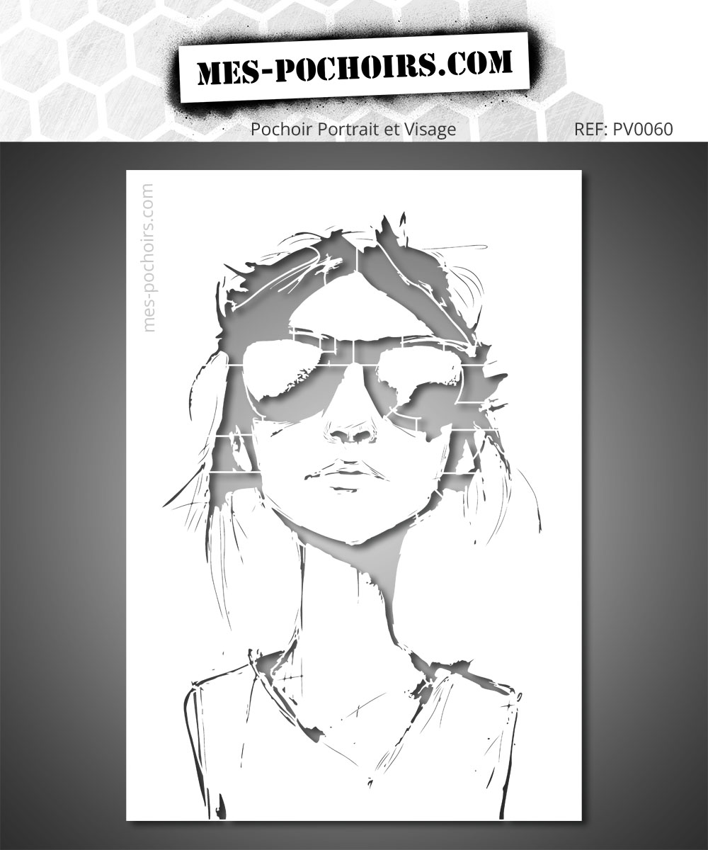 Pochoir Portrait Iconique Expressif: Pochoir d'un visage stylisé portant des lunettes de soleil.