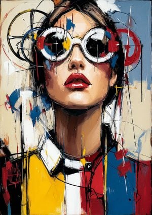 Exemple création pochoir portrait éditorial avec couleurs inspirées art moderne Mondrian