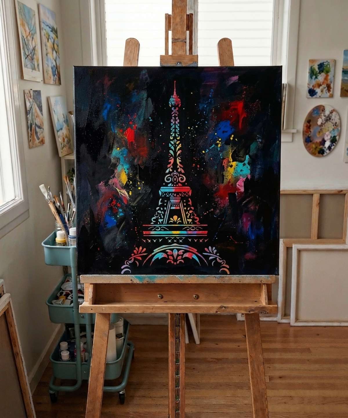 Résultat du pochoir Pochoir Tour Eiffel Baroque peint dans un style street art coloré à la bombe de peinture et au pinceau en atelier
