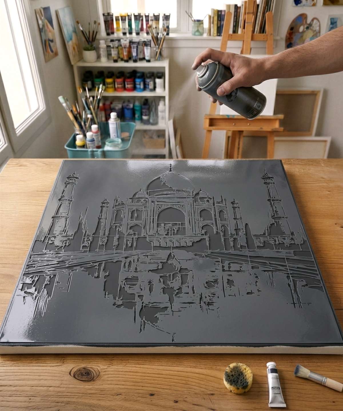 Taj Mahal Schablone Schablone auf Leinwand gemalt für ein ikonisches Prominenten-Porträt