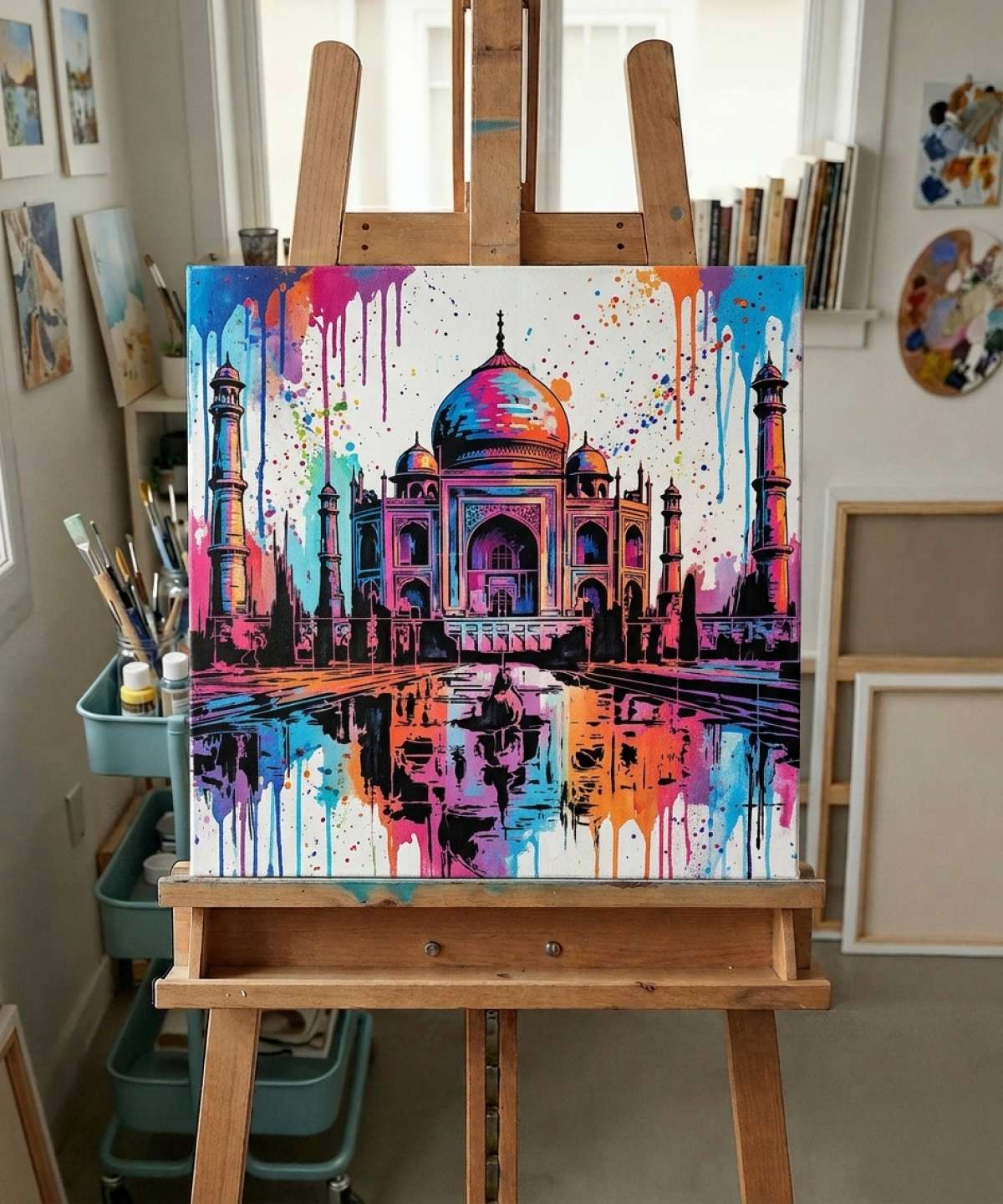 Taj Mahal Schablone Schablonen-Ergebnis im farbiger Street-Art mit Spraydose und Pinselarbeit-Stil in der Werkstatt gemalt