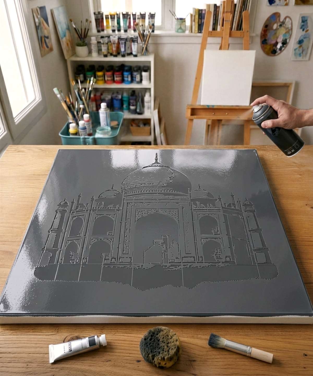 Plantilla Plantilla Taj Mahal Arquitectura India pintada sobre lienzo para un cuadro retrato celebridad icónica