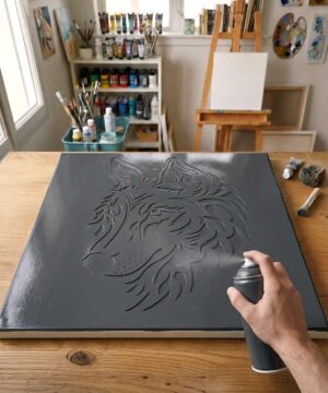 Pochoir Tête de Loup - A0002 stencil painted on canvas for an animal portrait painting
