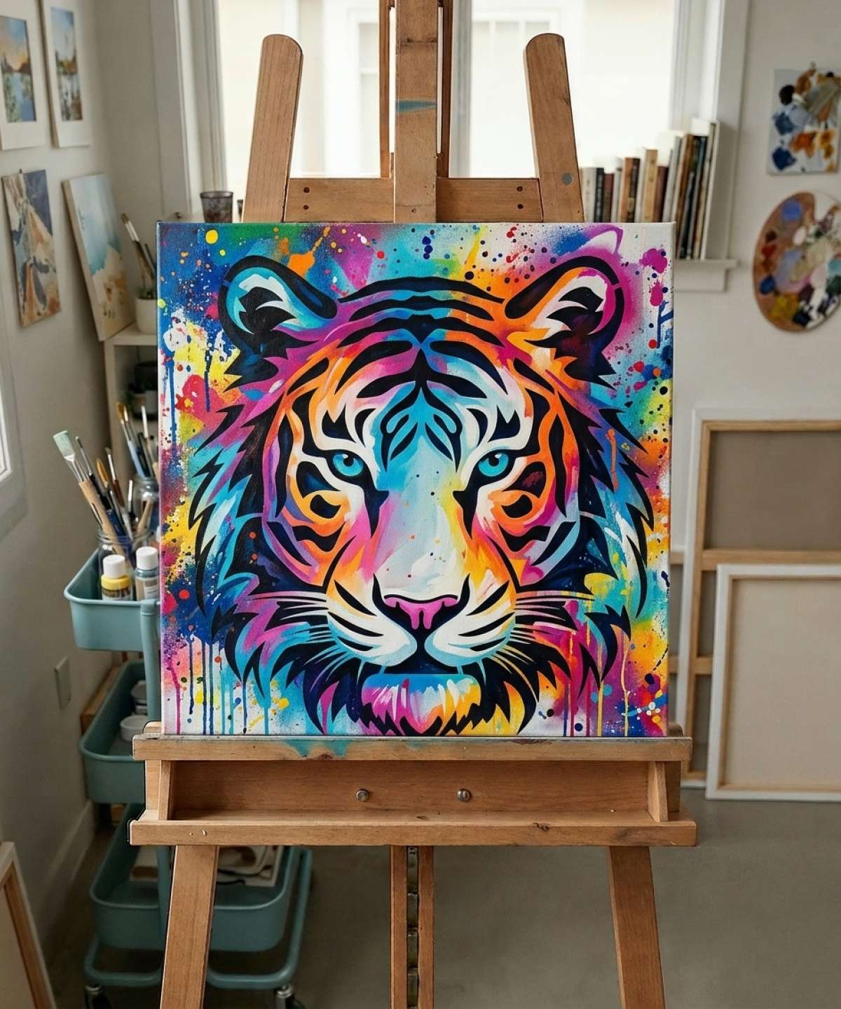 Risultato dello stencil Pochoir Tête de Tigre - A0003 dipinto in stile street art colorata con vernice spray e pennello in laboratorio