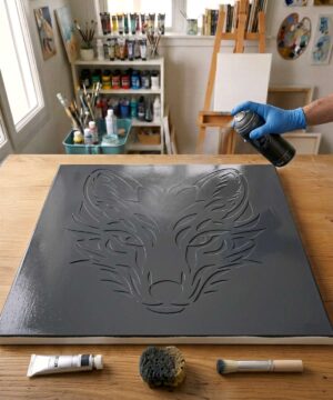 Pochoir Tête de Renard - A0004 stencil painted on canvas for an animal portrait painting