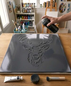 Pochoir Tête de Cerf - A0005 stencil painted on canvas for an animal portrait painting
