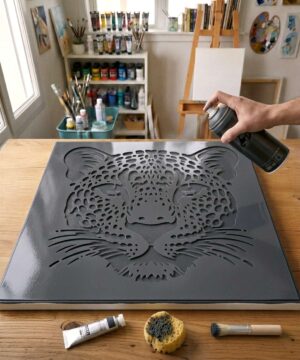 Pochoir Tête de Léopard - A0013 stencil painted on canvas for an animal portrait painting