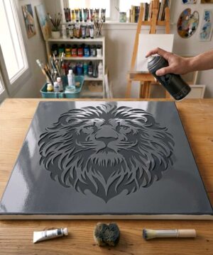 Pochoir Tête de Lion - A0014 stencil painted on canvas for an animal portrait painting