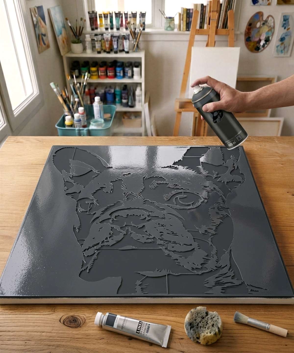 Pochoir Tête Bouledogue Français - A0017 sjabloon geschilderd op canvas voor een dierenportret schilderij