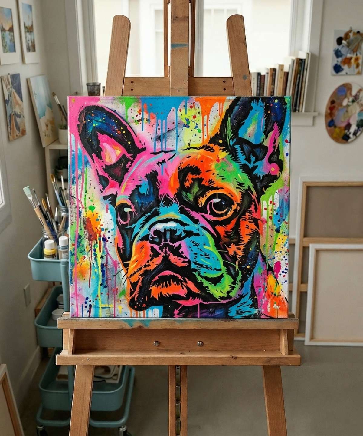 Pochoir Tête Bouledogue Français - A0017 sjabloonresultaat geschilderd in kleurrijke street art met spuitverf en penseelwerk-stijl in atelier