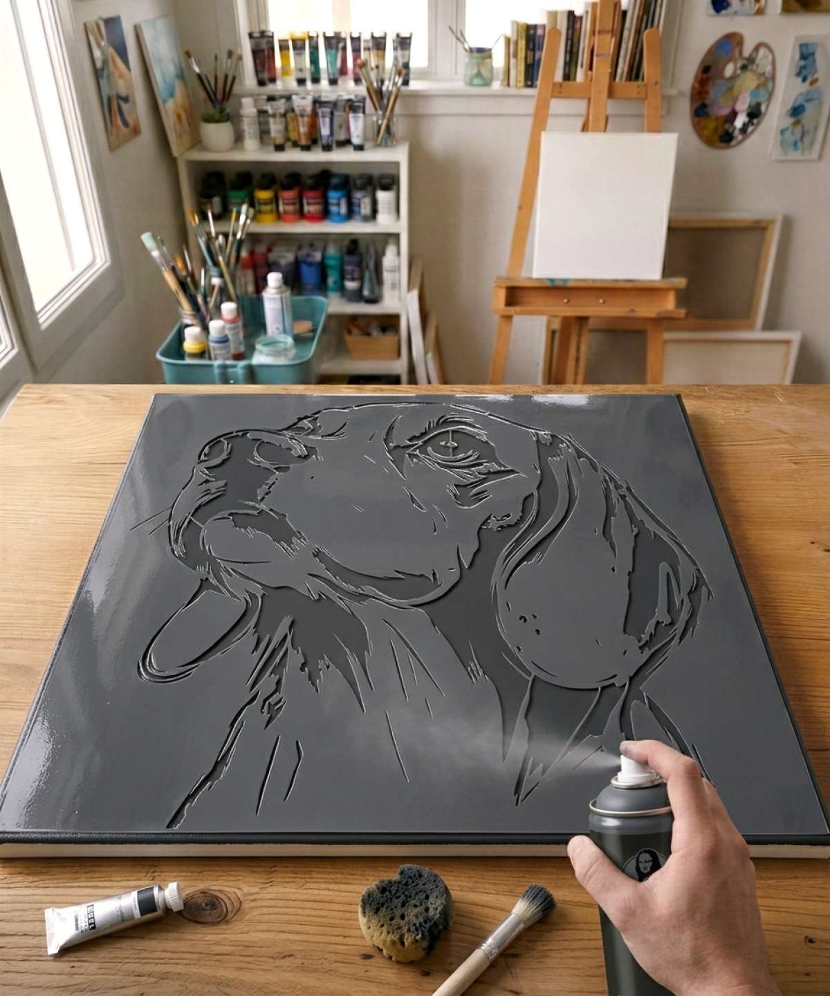 Pochoir Tête de Beagle - A0032 stencil painted on canvas for an animal portrait painting