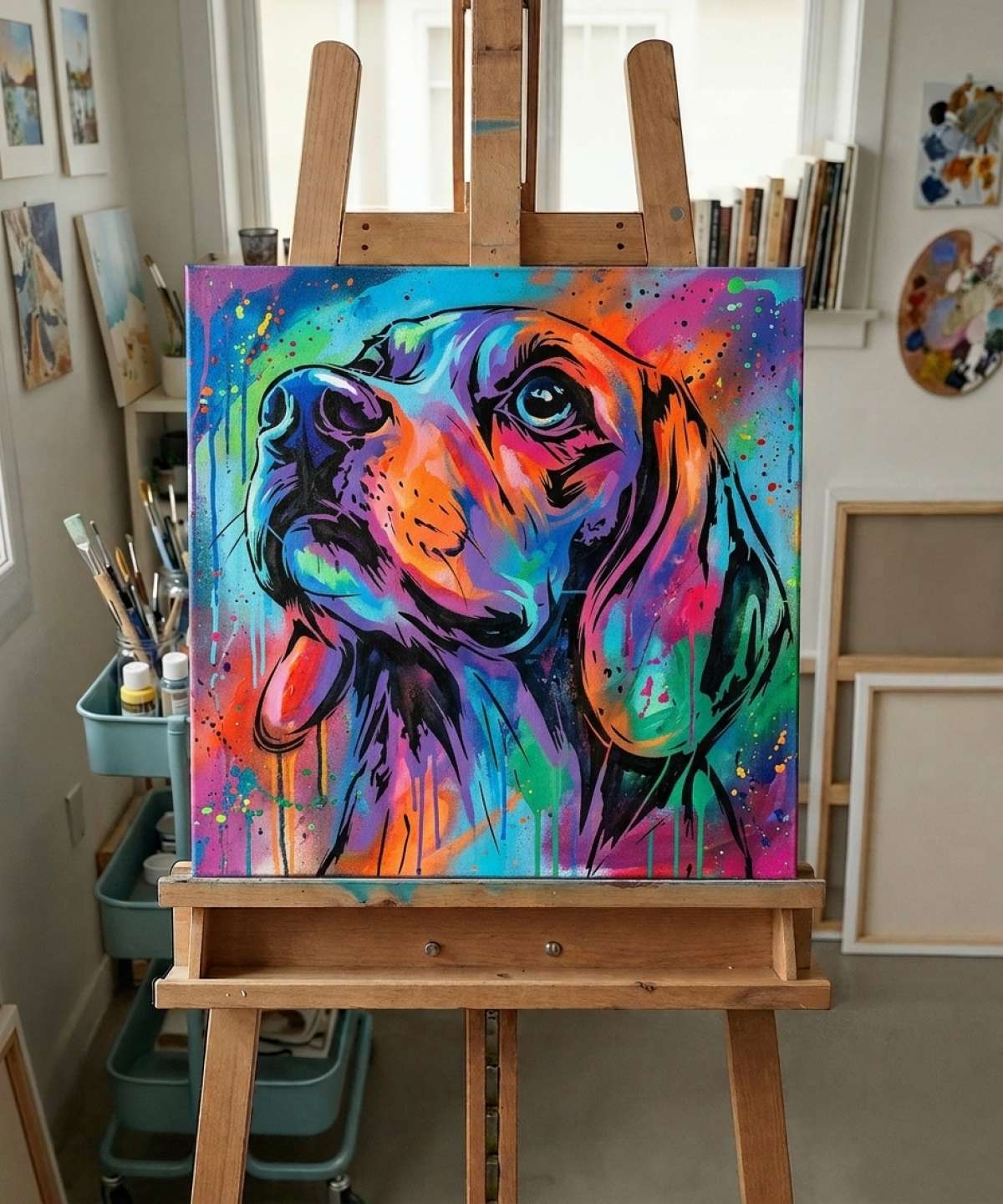 Pochoir Tête de Beagle - A0032 stencil result painted in colorful street art with spray paint and brushwork style in workshop