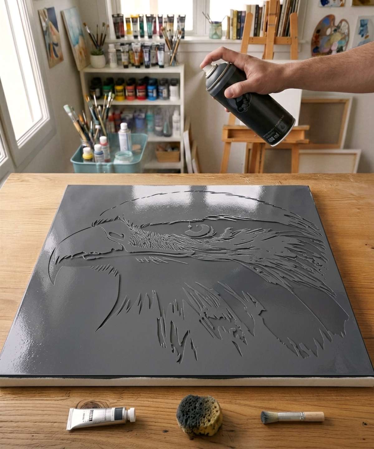 Plantilla Pochoir Tête d'aigle - A0082 pintada sobre lienzo para un cuadro retrato de animal