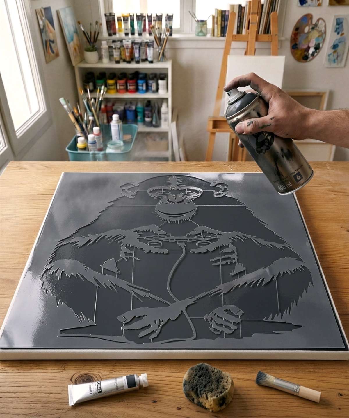 Pochoir Singe Jeux Vidéo - A0106 stencil painted on canvas for an animal portrait painting