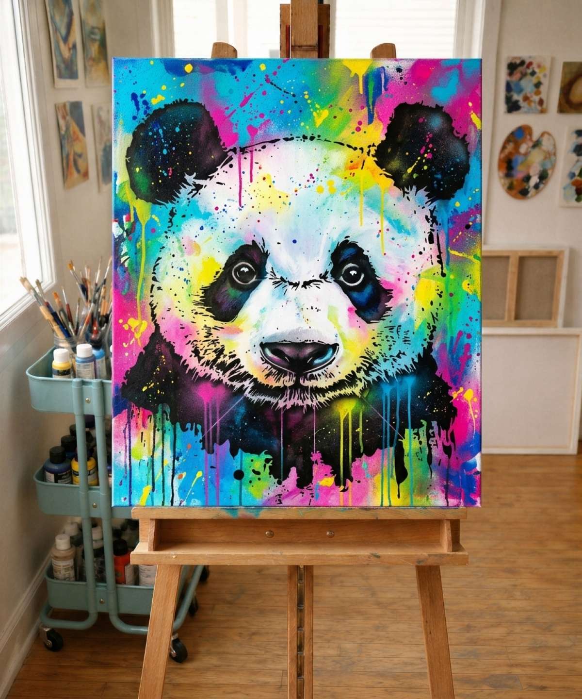 Resultado de la plantilla Pochoir Peinture Tête de Panda - A0112 pintada en estilo street art colorido con pintura en aerosol y pincel en taller