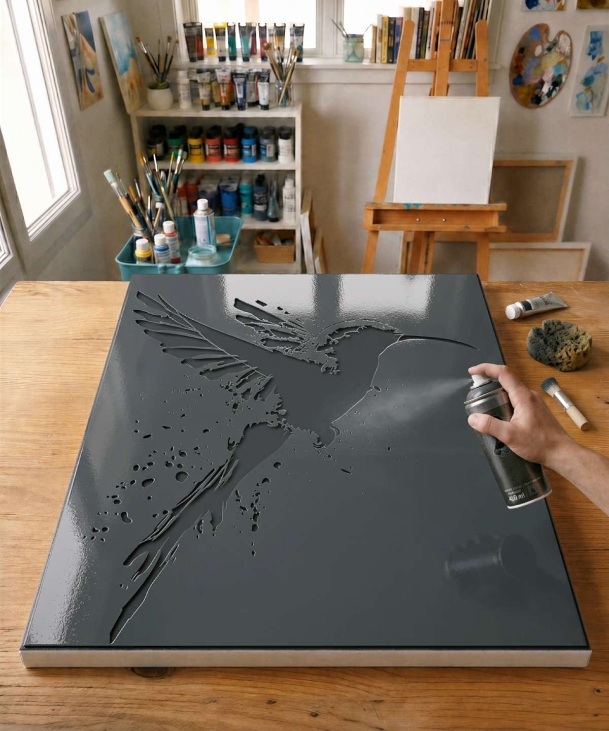 Pochoir Colibri Abstrait - A0123 stencil painted on canvas for an animal portrait painting