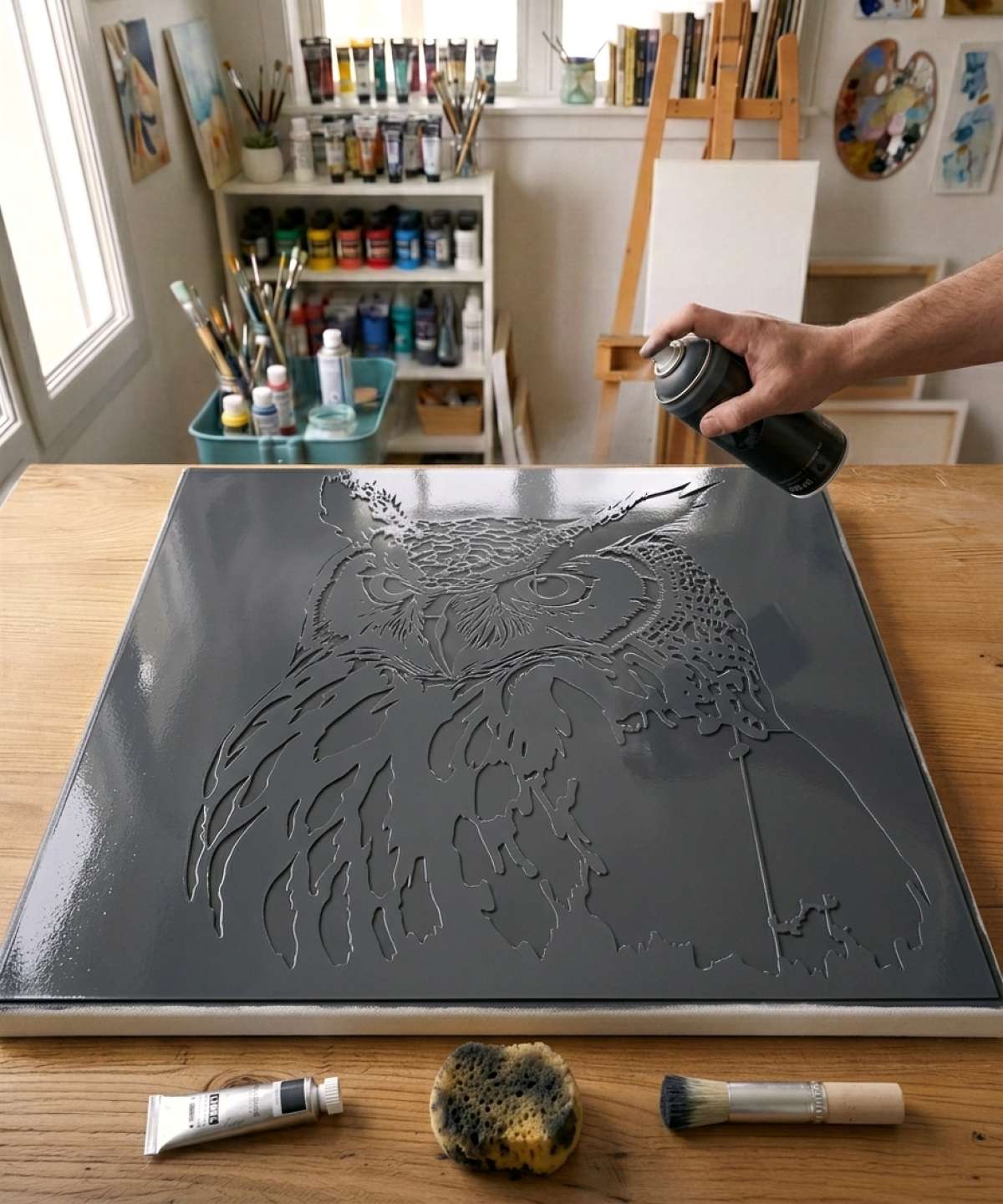 Pochoir Hibou - A0133 stencil painted on canvas for an animal portrait painting