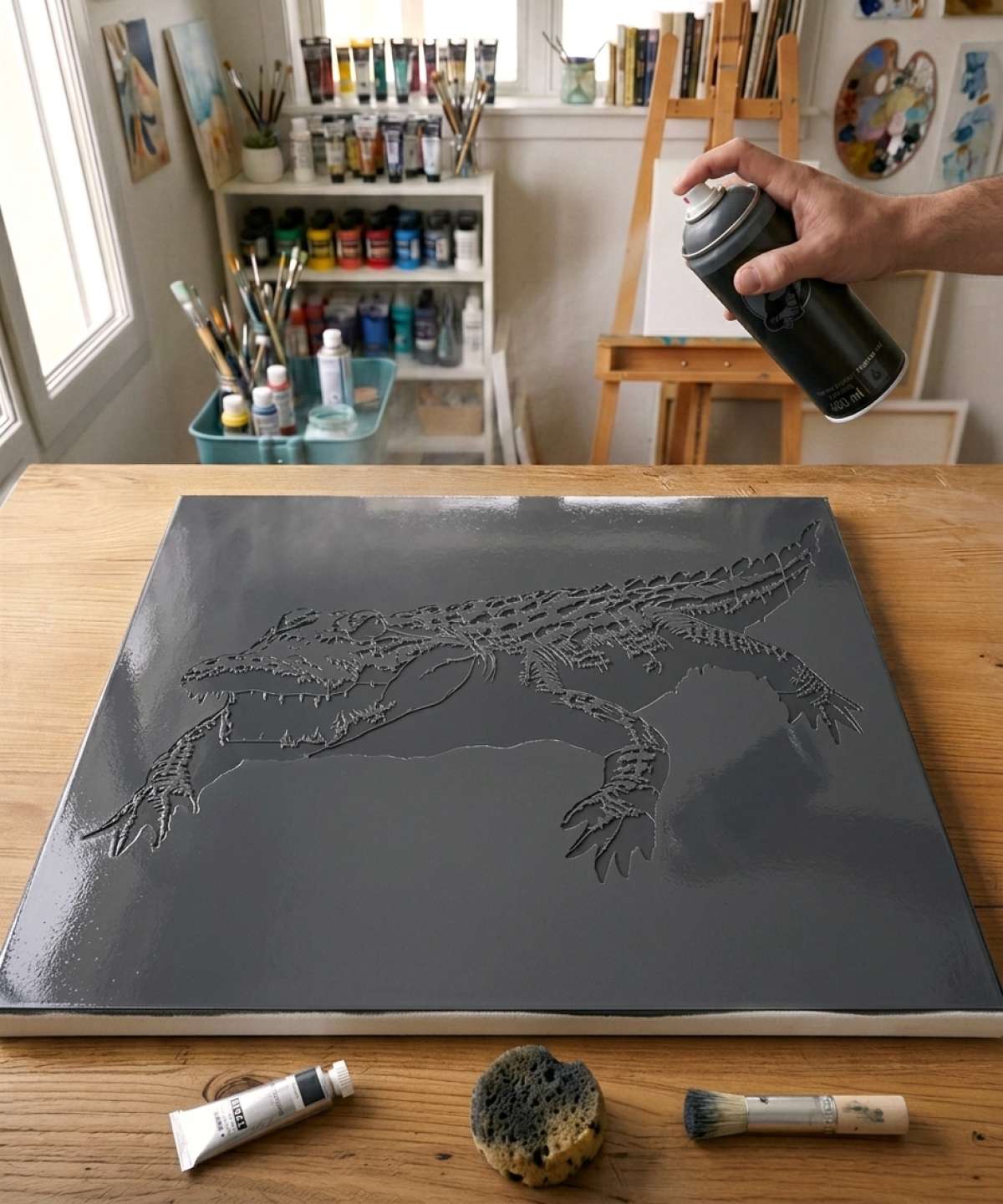 Plantilla Pochoir Crocodile - A0138 pintada sobre lienzo para un cuadro retrato de animal