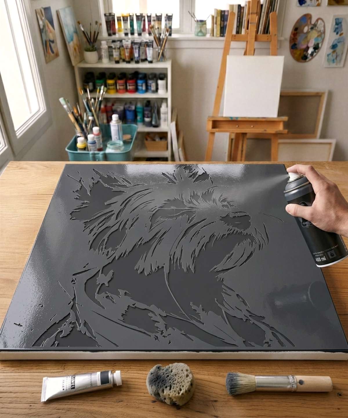 Pochoir Chien Yorkshire - A0146 stencil painted on canvas for an animal portrait painting