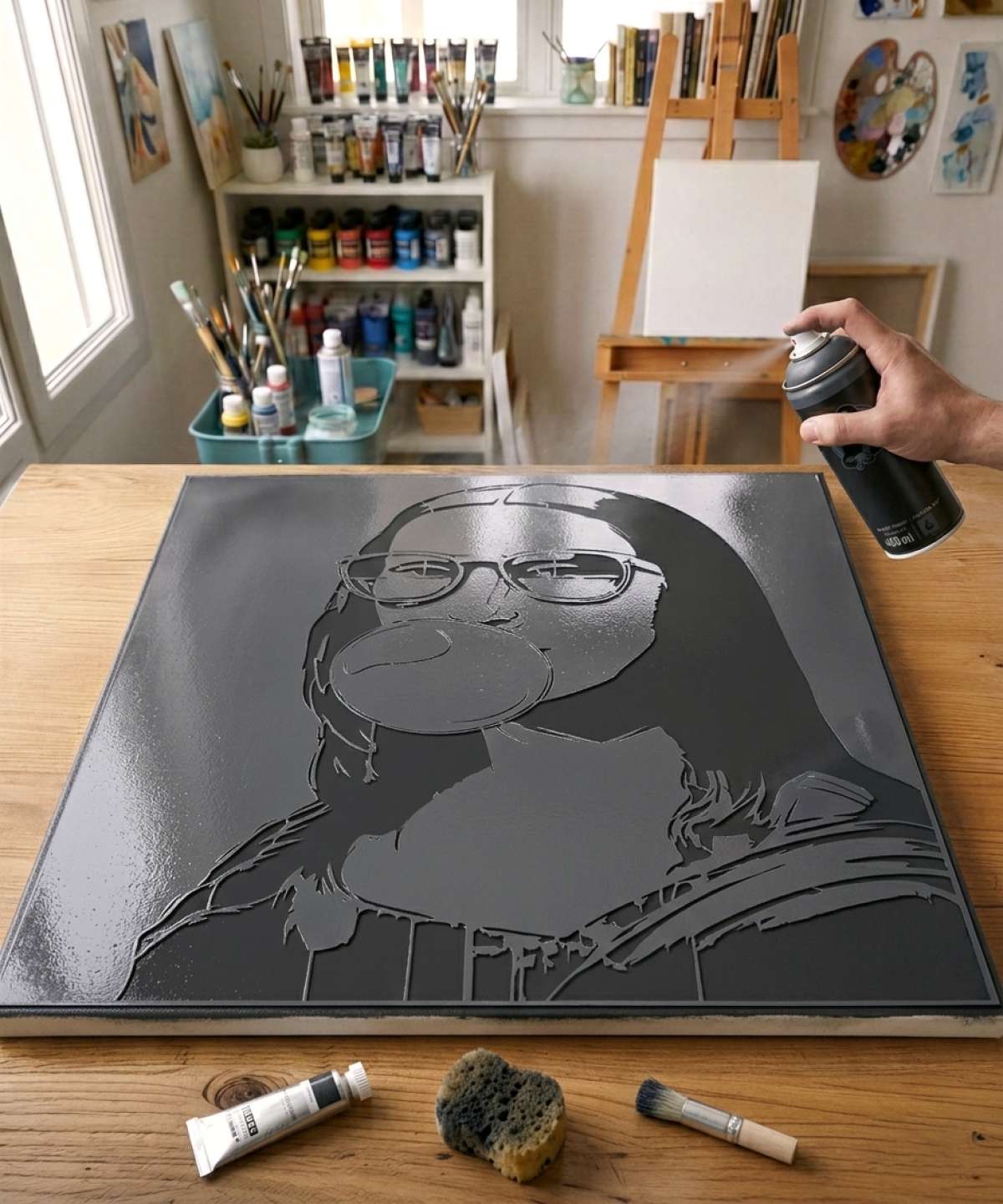 Application du Pochoir Mona Lisa Bubble Gum avec peinture sur toile pour un tableau issu d\’une collection artistique