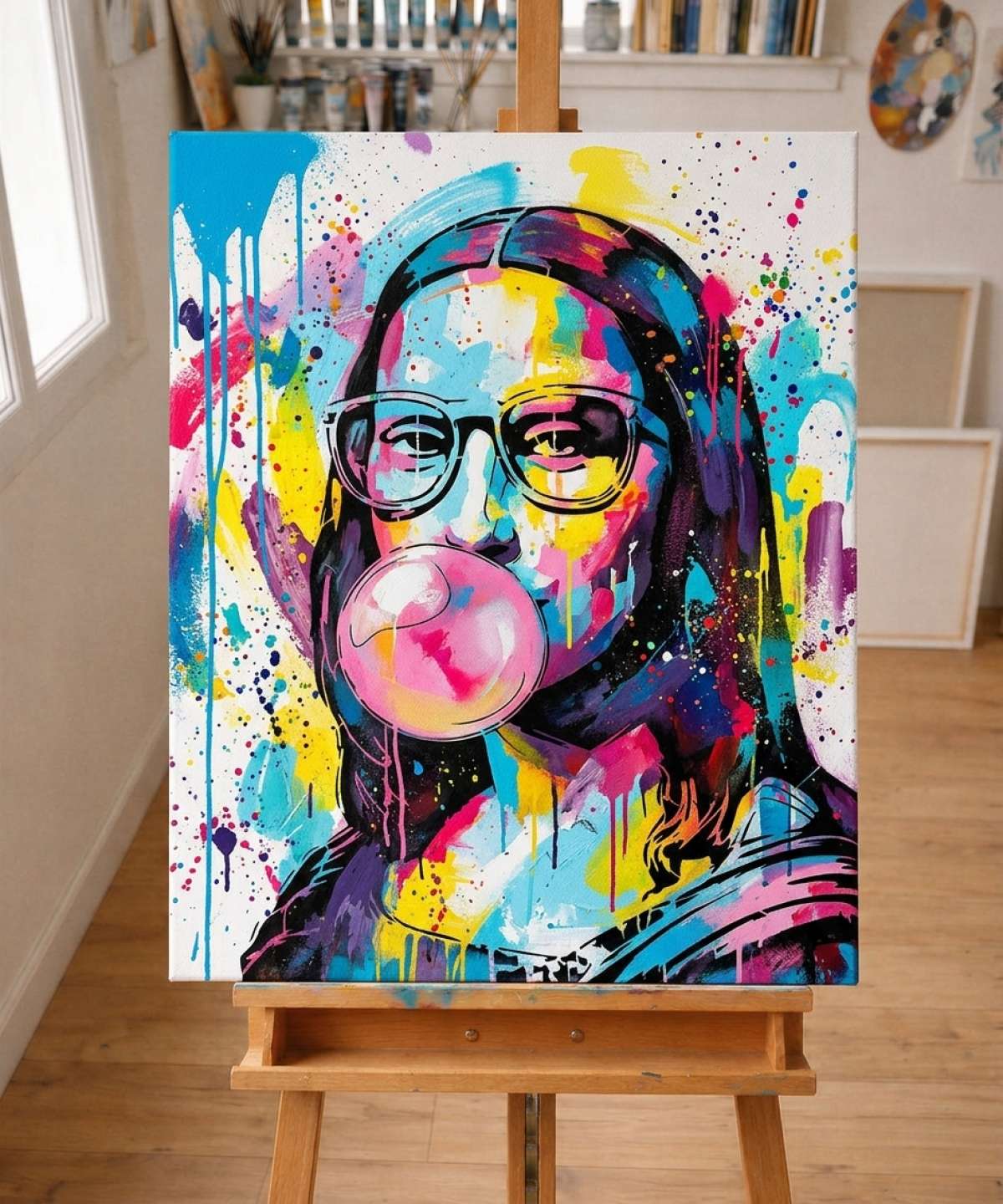 Mona Lisa Bubble Gum Stencil stencil result painted in colorful street art with spray paint and brushwork style in workshop
