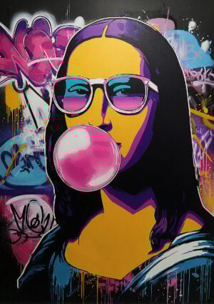 Exemple d'œuvre pop art avec Mona Lisa faisant une bulle de chewing-gum. réalisé avec le pochoir Mona Lisa Bubble Gum