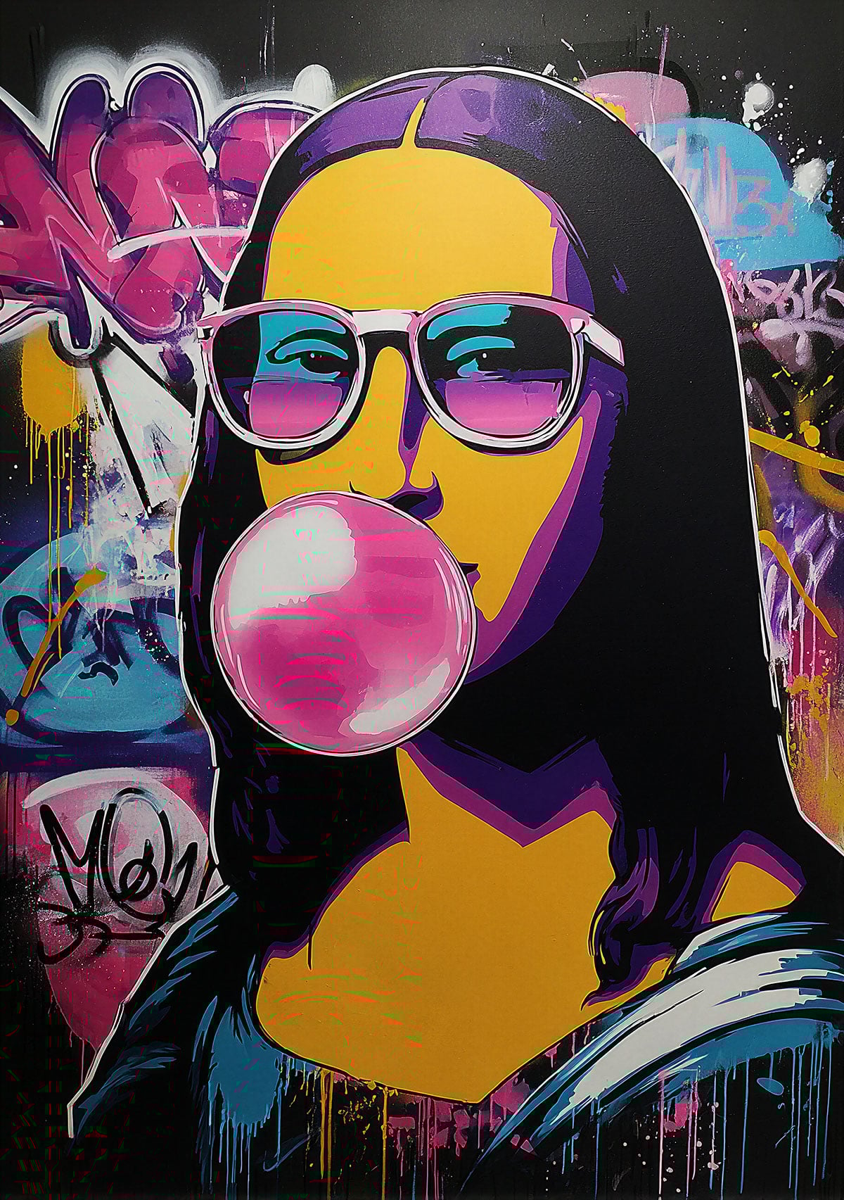 Exemple d'œuvre pop art avec Mona Lisa faisant une bulle de chewing-gum. réalisé avec le pochoir Mona Lisa Bubble Gum