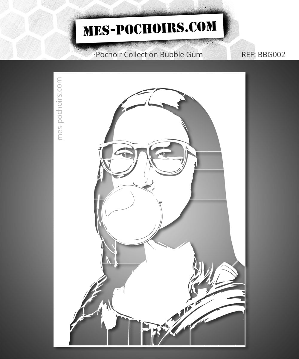 Pochoir représentant Mona Lisa avec un chewing-gum et lunettes de soleil. Une version décalée et souriante