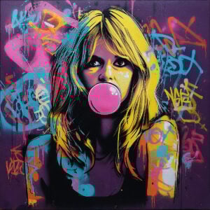 Œuvre d'art pop art colorée avec le Pochoir Icône Française Bubble Gum