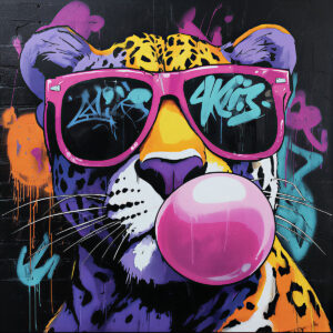 Peinture murale de léopard avec lunettes et bubble gum - Design unique et Fun