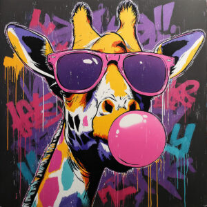 Inspiration artistique d'une girafe avec lunettes et bubble gum sur fond coloré pop art street art