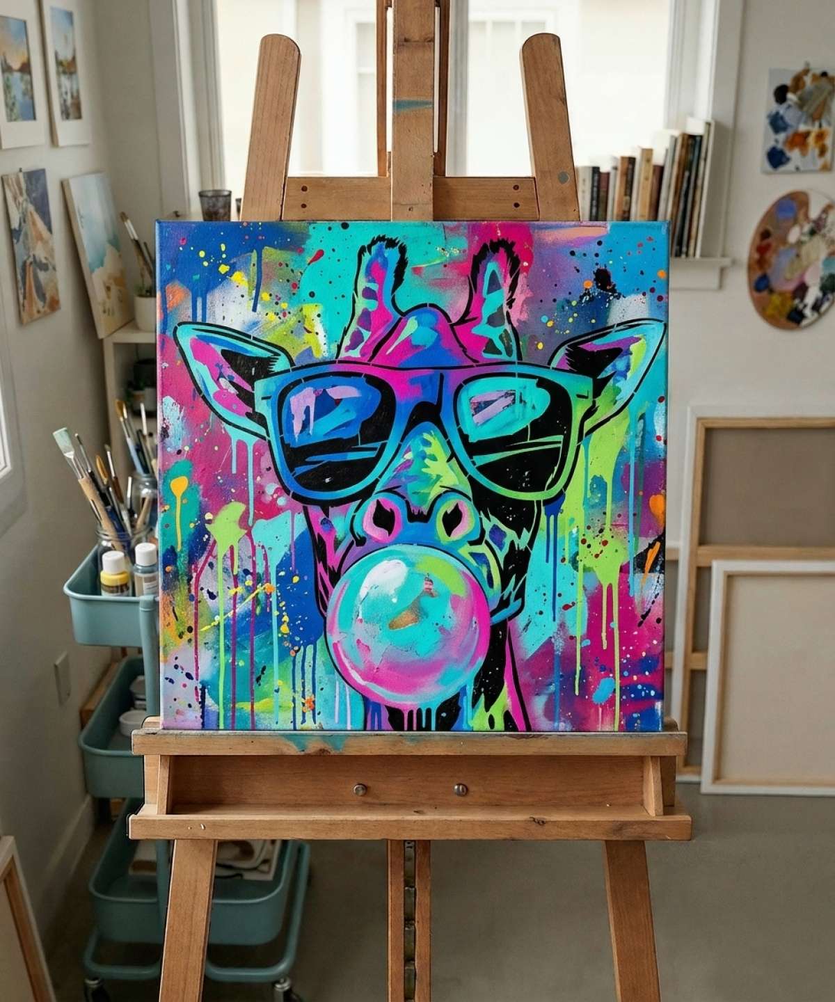 bubble gum giraffe stencil stencil result painted in colorful street art with spray paint and brushwork style in workshop