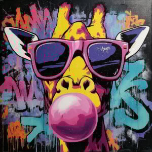 Peinture colorée de girafe avec lunettes et chewing-gum - réalisée avec le pochoir Girafe Bubble Gum