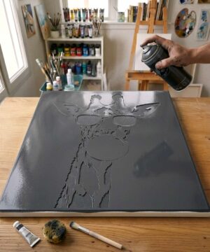 Giraffe Stencil Bubble Gum Cool Attitude stencil painted on canvas for a mysterious and conceptual creation