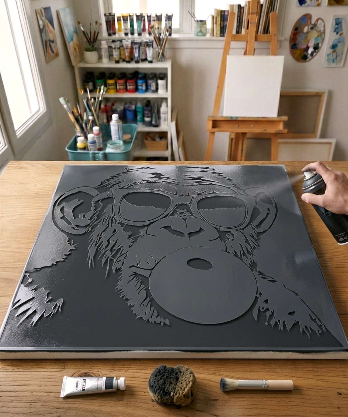 Application du Pochoir Singe Bubble Gum avec peinture sur toile pour un tableau issu d\’une collection artistique