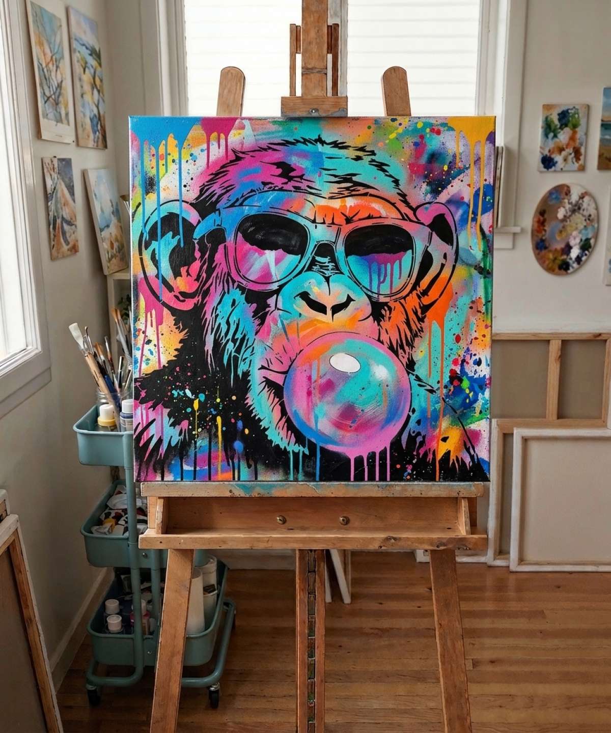 Bubble Gum Monkey Stencil stencil result painted in colorful street art with spray paint and brushwork style in workshop