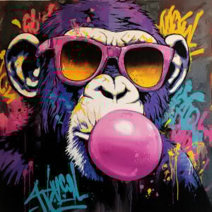 Illustration artistique d'un singe avec des lunettes de soleil et une bulle de chewing-gum. Sur toile peinte avec le pochoir singe bubble gum.