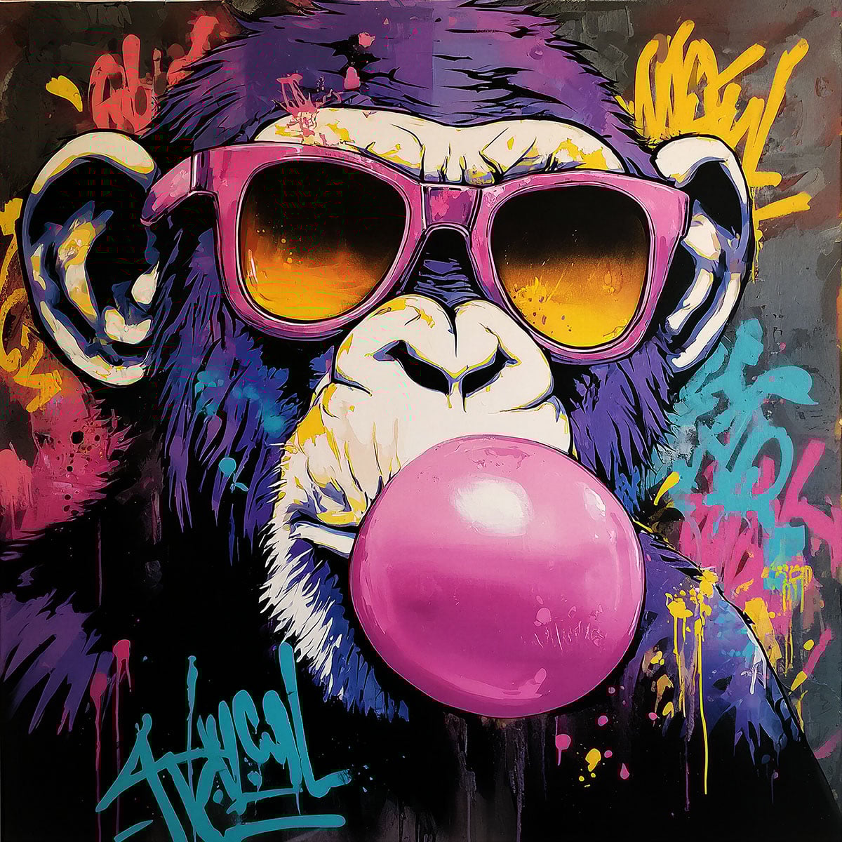 Illustration artistique d'un singe avec des lunettes de soleil et une bulle de chewing-gum. Sur toile peinte avec le pochoir singe bubble gum.